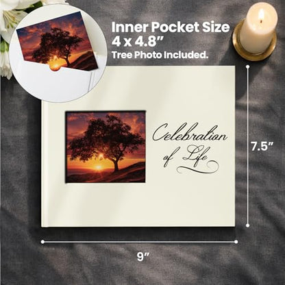 Funeral Guest Book, Celebration of Life GuestBook with Photo Slot | 330 Entries, Table Sign Card Included, Gold Stamping, Twill-Textured Paper Cover, in Loving Memory Keepsake, 9x7.5", Beige - color: Beige-c