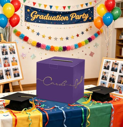 HEIPINIUYE Purple Wedding Card Box with Gold Foil 9.8" x 9.8" Purple Large Gift Card Box for Party Wedding Reception Graduation Birthday Baby Shower Cardboard Raffle Envelope Box with Slot - color: Purple Card Box with Gold Foil
