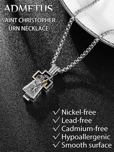 ADMETUS Patron Saint Cross Urn Necklace 925 Sterling Silver Cremation Jewelry for Ashes Memorial Gifts for Men with 2.5mm 22"+2" Rolo Chain - style: A21-Saint Christopher