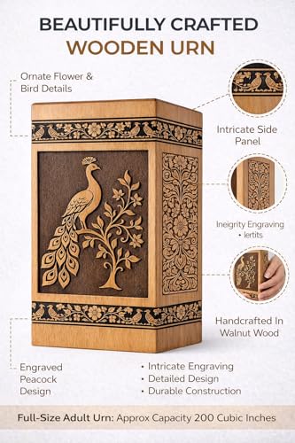 Double Faced urn Peacock Engraved Memorial for Adult Ashes – Decorative Floral Funeral Keepsake Box[Available urn Box in 5 Different Sizes] ((Full Size 14X7.5 600 Cubic INCHES))