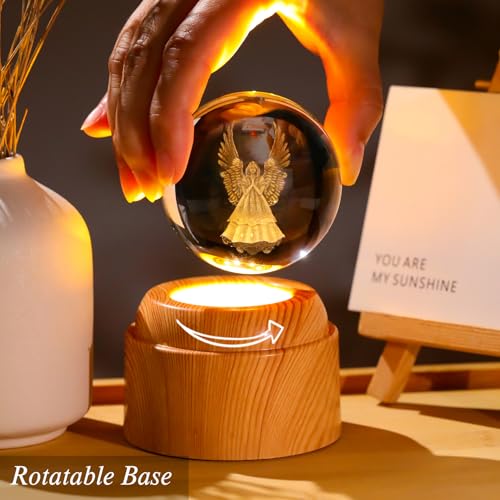 Guardian Angel Gifts 2.36in 3D Engraved Angel Crystal Ball with Rotatable Warm Light Wood Base, Guardian Angel Figurines Memorial Gifts for Women Mom Friends - color: Angel