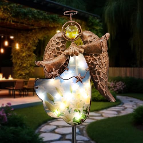 Solar Angel Garden Stake 32in Bronze Iron Cross Memorial Light | Waterproof、Outdoor Decor、Pathway Lighting、Easy Assembly、Vintage Bronze Finish - color: Bronze Flying Angel