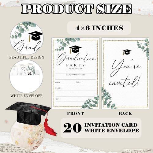DETIHO Graduation Party Invitations 2026, Greenery Graduate Celebration | Invites with Envelopes | 20 Pack Grad Announcement Cards - G03 - style: Greenery