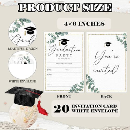 DETIHO Graduation Party Invitations 2026, Greenery Graduate Celebration | Invites with Envelopes | 20 Pack Grad Announcement Cards - G03 - style: Greenery