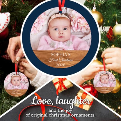 Personalized Baby First Christmas Ornaments Boy and Girl, Custom Photo and Name 2025 Christmas Tree Ornament, Velvet Pouch Included, 3.75" ACM Ornament, Made in The USA - color: Baby Wood