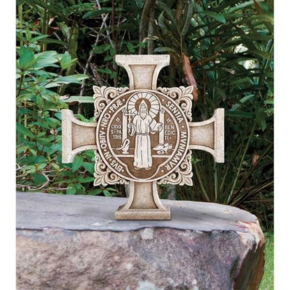 Christian Brands Avalon Gallery Saint Benedict Stepping Stone Cross, Stone Resin Garden Décor, 11" Square