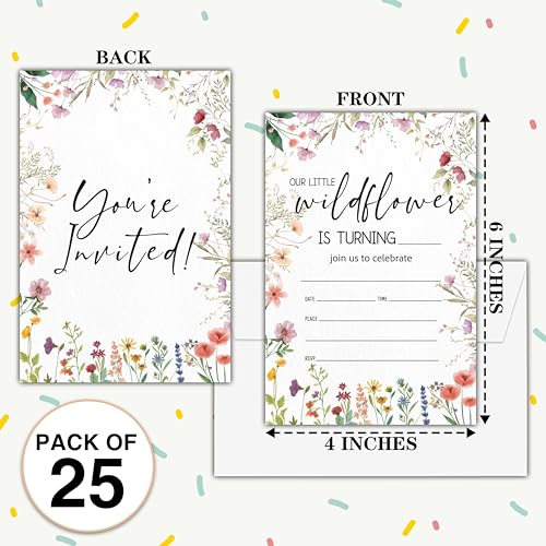 Birthday Invitations for Girl - Wildflowers Birthday Invites with Envelopes(25-Count) - Garden Fill-in Invite Cards for Girls Party Supplies Favors Decorations - A14 - style: Our Little Wildflower
