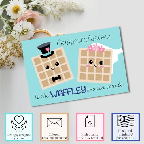 Funny Wedding Card for Newlyweds – Waffle-y Wedded Silly Waffle Themed Greeting for Bride and Groom Wedding Day- Congratulations to the Happy Couple 4X6 inch Card with Silver Envelope Included - style: Waffle