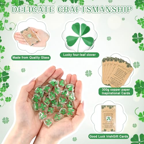 50 Sets Leaf Glass Token, Good Luck Charms Bulk with Irish Greeting Cards & Bags, Heart-shaped Leaf Keepsakes for Family Employee Friends Coworkers Holiday Gifts - style: Four-leaf Clover