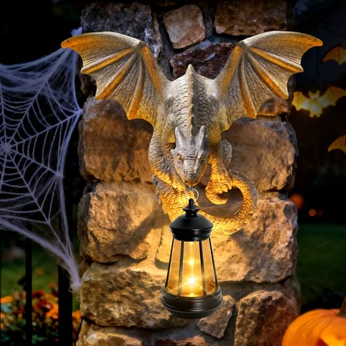 Solar Dragon Tree Hugger Garden Statue, Wall Hanger Dragon Figurine Decor | 9.8in Resin Dragon Decor with Solar Lights, Outdoor Waterproof for Tree Wall Fence Porch Yard, Gifts for Mom Women Birthday - style: 1 Pack - Dragon with Lantern