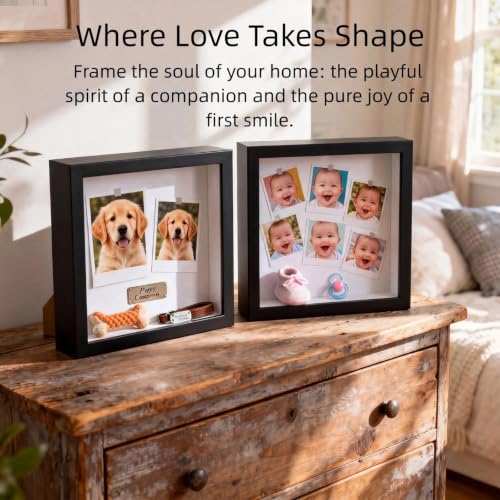 10x10 Shadow Box Frame, Deep Display Case for Flowers Memorabilia Photos | Deep Frame Gift with Crystal Clear Acrylic Front Wall Mount or Tabletop,Hanging Hardware&Double Sided Tape,2 Pack Black