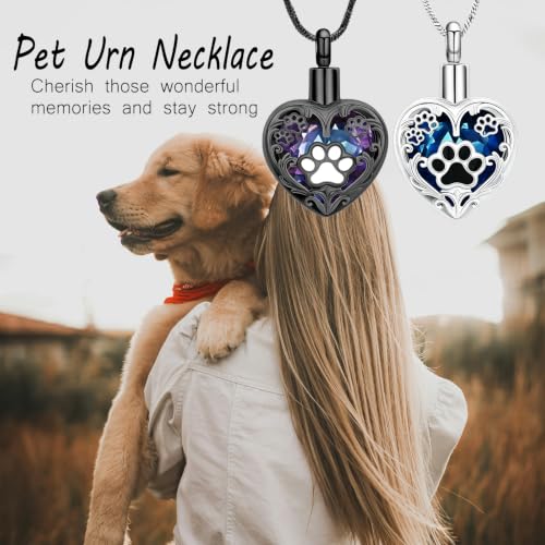 Yinplsmemory Pet Urn Necklace Pendant Jewelry for Dog Cat Memorial Crystal Heart Cremation Jewelry with Paw Print Ashes Keepsake Funeral Jewelry - color: Silver-blue