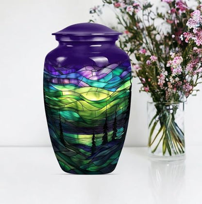 Aurora Borealis Northern Lights Cremation Urn - Urns for Human Ashes Adult | Mother, Dad, Female, Male - Funeral Urn - 10 Inch Metal Polished Ash Holder - Adult Urns for Human Ashes Men - Outdoor Urn - size: #1 (Large Size)
