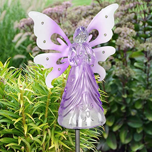 Exhart Garden Solar Lights, Decorative Angel Garden Stake, 13 LEDs, Cute Yard and Pathway Decor, Purple, 7 x 40 Inch