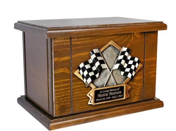 Car Racing Funeral Cremation Urn, Personalized Adult Wooden Memorial Urn | Racing flags memorial urn with detailed 3D plaque, honoring racing fans and motorsports enthusiasts