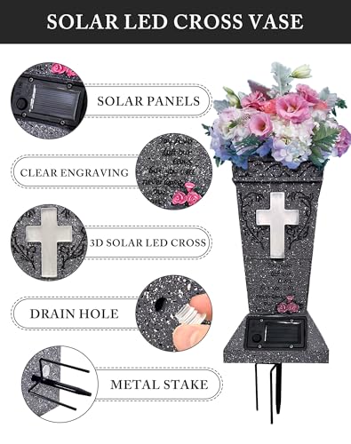 2 Pack Solar Cemetery Vase with LED Cross Lamp Flower Holder - color: White Light 2pcs