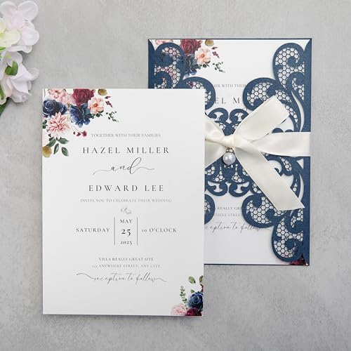 20Pcs Personalized Wedding Invitation, Customized Navy Blue Laser Cut Invitation Cards With Envelopes Rhinestone Pearls and Ribbons For Wedding XV Anos Quinceanera Invitation - color: 20pcs-Customized Navy Blue