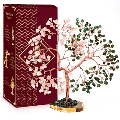 Handmade Healing Crystal Tree of Life Green Aventurine & Rose Quartz Chakra Tree for Money, Good Luck, Feng Shui Home Decor, Living Room Office Deocration, Unique Birthday Gifts for Women, Men, Mom - color: 5- Dual Beads Crystal Tree(rose & Gree)