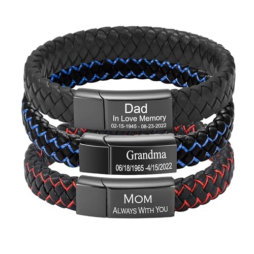 Personalized Cremation Jewelry Urn Bracelet for Ashes - Women Men Memorial Braided Blue & Black Leather Cuff Bangle with Engraving