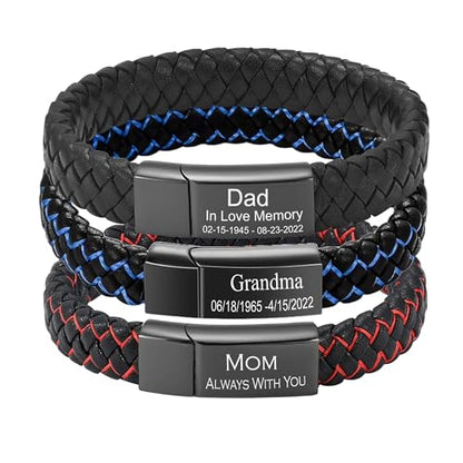 Personalized Cremation Jewelry Urn Bracelet for Ashes - Women Men Memorial Braided Blue & Black Leather Cuff Bangle with Engraving