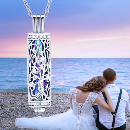 shajwo Cylinder Cremation Jewelry Tree of Life Urn Ashes Necklace for Women Men Vial Cremation Ash Pendant Loved One Memorial Jewelry - color: Rainbow