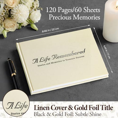 Funeral Guest Book Set, Ivory Linen, Celebration Of Life, 120 Lined Pages - color: Ivory