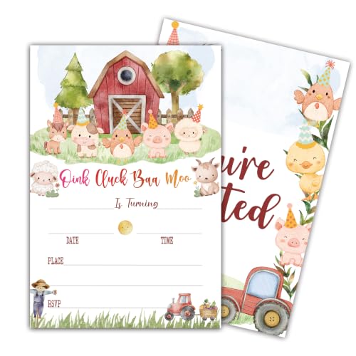 Farm Animal Birthday Invitation Cards with Envelopes, 20 Pack 4x6 Fill-In Party Invites for Boys Girls, Barnyard Kids Birthday Party Supplies - B04 - color: Farm