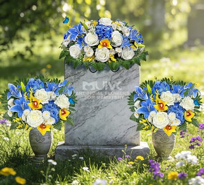 MUVIC Artificial Cemetery Flower Bouquets and Headstone Flower Saddle for Grave,Three-Piece Set:Rose,Rose Lily Hydrangea Cymbidium Daisy, Easy Fit and Colorfast
