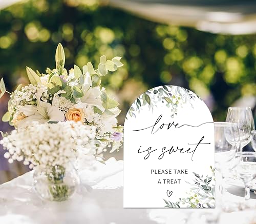Greenery Love is Sweet Sign, Wedding Ceremony Signs, 6 x 8 Inch Arch Wooden Tabletop Sign with Stand, Wedding Reception Decoration Supplies (PZ05) - color: Love is Sweet