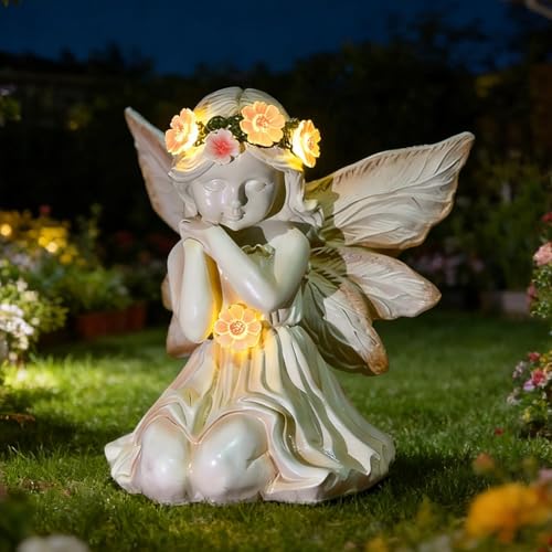 VEEKI Solar Angel Garden Statue Outdoor, Praying Angel Statues Solar Figurine Lights Outdoor Waterproof, Resin Angel Sculpture for Garden Yard Lawn Grave Cemetery Decor, Gift for Mom Grandma Women - color: Fairy