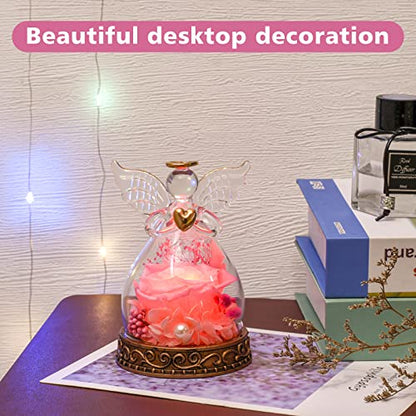 Preserved Real Rose in Glass Angel Figurine with LED Light, Angel Gifts for Women, Mom, Grandma on Mother's Day Christmas Birthday (Pink) - color: Pink