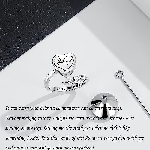 Sterling Silver Urn Rings for Ashes for Women: Angel Wing Opal Cremation Jewelry Rings for Ashes of Loved Ones - Cat Dog Memorial Keepsake Open Adjustable Ring Jewelry for Women - style: Dog Cat Urn Rings