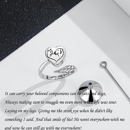 Sterling Silver Urn Rings for Ashes for Women: Angel Wing Opal Cremation Jewelry Rings for Ashes of Loved Ones - Cat Dog Memorial Keepsake Open Adjustable Ring Jewelry for Women - style: Dog Cat Urn Rings