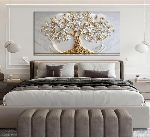 QGJQCFY Tree of Life Canvas Wall Art, Gold White Flowers, 48x24in | Natural Landscape Poster Print, Living Room Bedroom Office Decoration, Prepare to hang - size: 48"L x 24"W