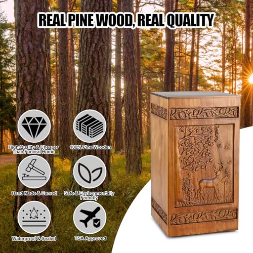 Wooden Cremation Urns for Human Ashes Adult Male Female - Handcarved Deer Wood Urn Boxe with Velvet Bag, 250 lbs Large Capacity Decorative Burial Funeral Memorial Urn