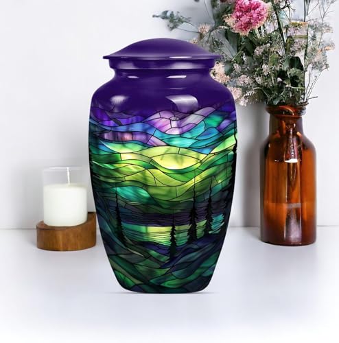 Aurora Borealis Northern Lights Cremation Urn - Urns for Human Ashes Adult | Mother, Dad, Female, Male - Funeral Urn - 10 Inch Metal Polished Ash Holder - Adult Urns for Human Ashes Men - Outdoor Urn - size: #1 (Large Size)