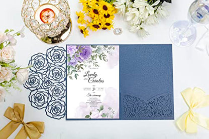Customized inner page Laser Cut Wedding Invitations Card Pocket with Envelope for Birthday Party Baby or Bride Shower Invite suitable for 5 * 7 Inches Insert Paper (50 PCS Personalized Printed) - color: 50 PCS Personalized Printed