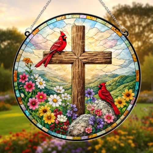 Cardinals with Jesus Cross Memorial Suncatcher, 8" Christian Stained Glass Wavy Acrylic Window Hanging, Sympathy Gift for Loss of Loved One, Mom, Dad, Grandma, Family Member, Religious Gifts for Women - color: Cardinal With Jesus Cross