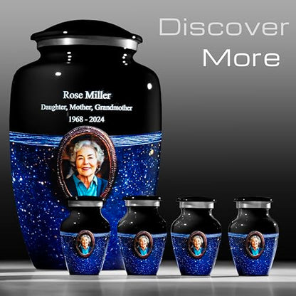 Blue Galaxy Photo Urn for Human Ashes – Personalized Cremation Tribute with Portrait, Name & Dates, Starry Sky Memorial Keepsake, Made in USA (Blue, Small) - size: Small