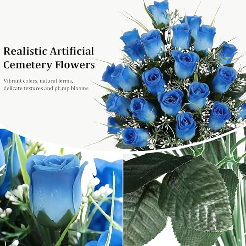 Lewondr Artificial Cemetery Flowers with Vase for Grave, Blue Roses, 2 Pack - color: Blue