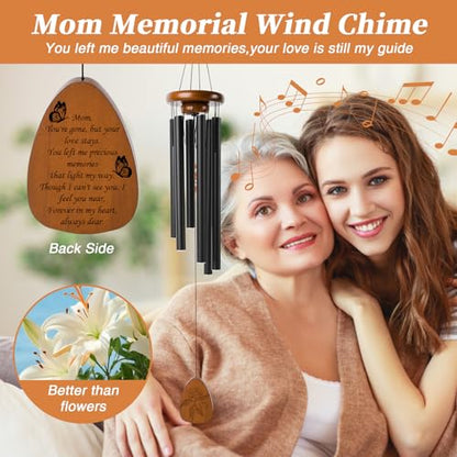 32 Inch Memorial Wind Chime (Gift Box Pack) - Elegant Black Metal Tubes with Engraved Wooden Plaque, Soothing Sound for Indoor & Outdoor Use, Perfect Sympathy Gift
