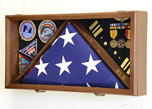 sfDisplay.com,LLC. Large Flag & Medals Military Pins Patches Insignia Holds up to 5x9 Flag Display Case Frame Cabinet Shadowbox (Walnut Finish) - color: Walnut Finish