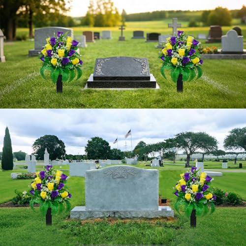 2 Sets Artificial Cemetery Flowers For Grave 24 Heads Flowers For Cemetery - color: Yellow + Purple