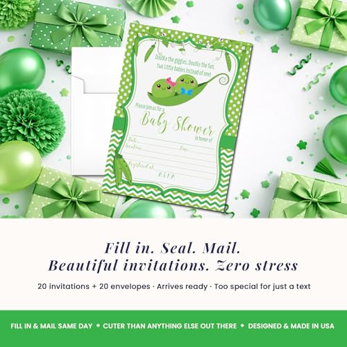Two Peas in a Pod Theme Twin Baby Shower 20 Invitations 5"x7" Fill-In Cards with Envelopes, Boy and Girl Twin Shower Stationery Set, Design for Celebration, Made in USA by Amanda Creation - style: Two Peas in a Pod Twin Boy and Girl