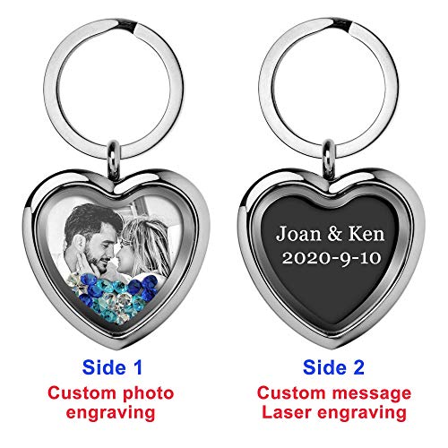 Custom Photo Text Engraved Heart Floating Living Locket Crystal Pendant Keychain - color: Blue - 1 Photo Engraving + 1 Message Engraving