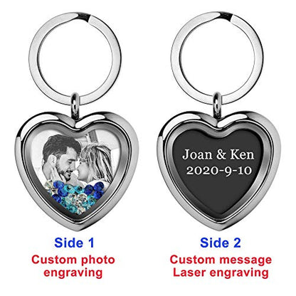 Custom Photo Text Engraved Heart Floating Living Locket Crystal Pendant Keychain - color: Blue - 1 Photo Engraving + 1 Message Engraving