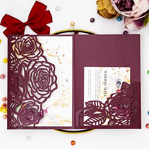 Laser Cutting Invitation Card Greeting Card Graduation Party Rose Flower Wedding Birthday Party Invitations Invitation Pocket With Envelope (Burgundy) | Greeting Card, Graduation Party, Rose Flower, Wedding Birthday Party Invitations, Invitation Pocket Wi