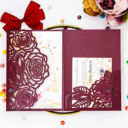 Laser Cutting Invitation Card Greeting Card Graduation Party Rose Flower Wedding Birthday Party Invitations Invitation Pocket With Envelope (Burgundy) | Greeting Card, Graduation Party, Rose Flower, Wedding Birthday Party Invitations, Invitation Pocket Wi