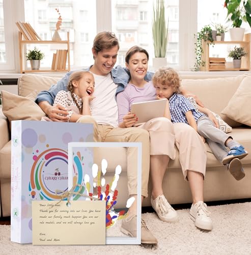 CHERRY CHEERS Family Handprint Kit, DIY Craft Keepsake Wooden Frame, Endless Gift Set, Non-Toxic Paints, Transparent Sheets (White) - color: White