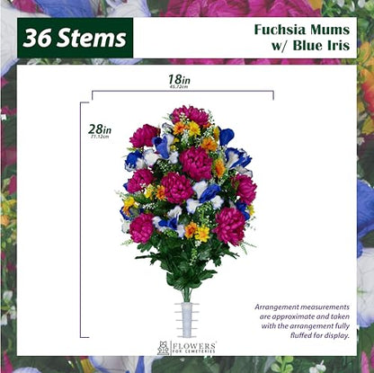 Sympathy Silks - Artificial Flowers for Cemeteries - Fuchsia Mums with Blue Iris - (1) Headstone Saddle (1) Bouquet - size: (1) Saddle (1) Bouquet